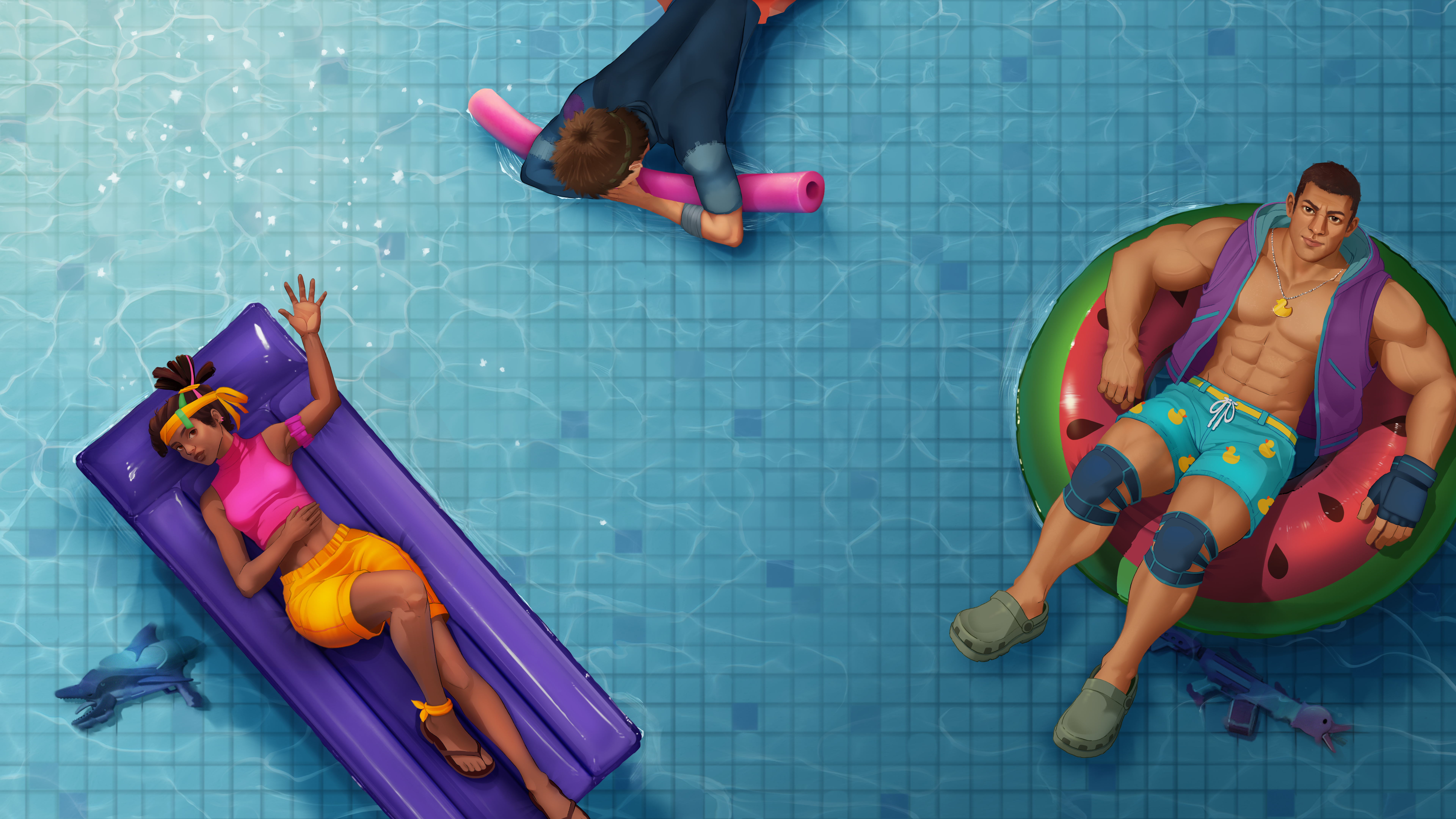 PoolStory characters relaxing in a swimming pool