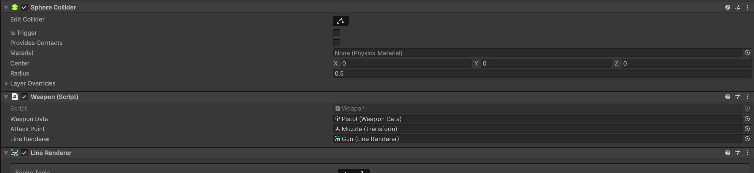 Unity inspector showing the weapon component setup