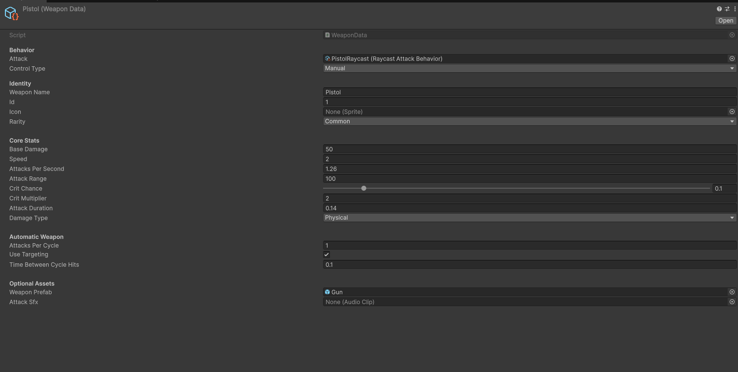 Unity inspector showing configurable weapon data